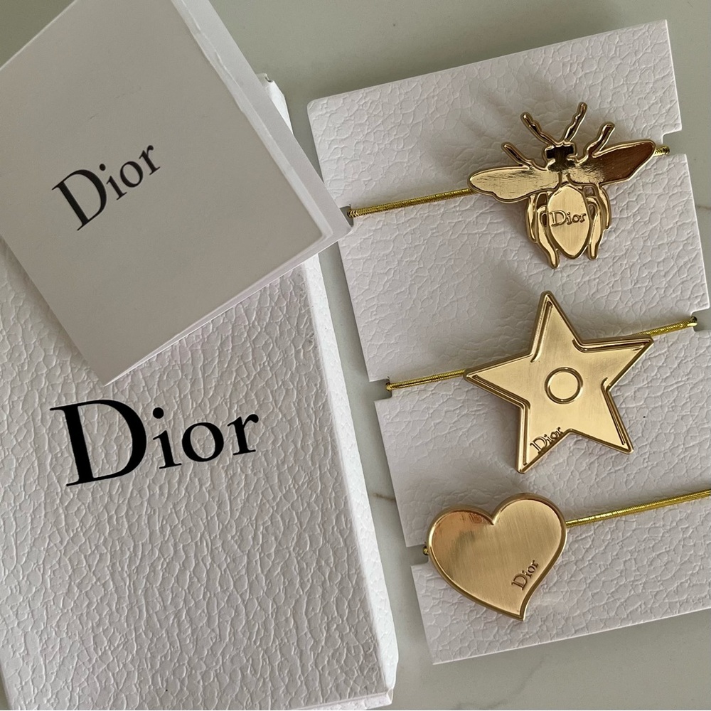 Christian Dior Gold Tone Hair Ties Pony Tail Accessories Set In Box NWOT